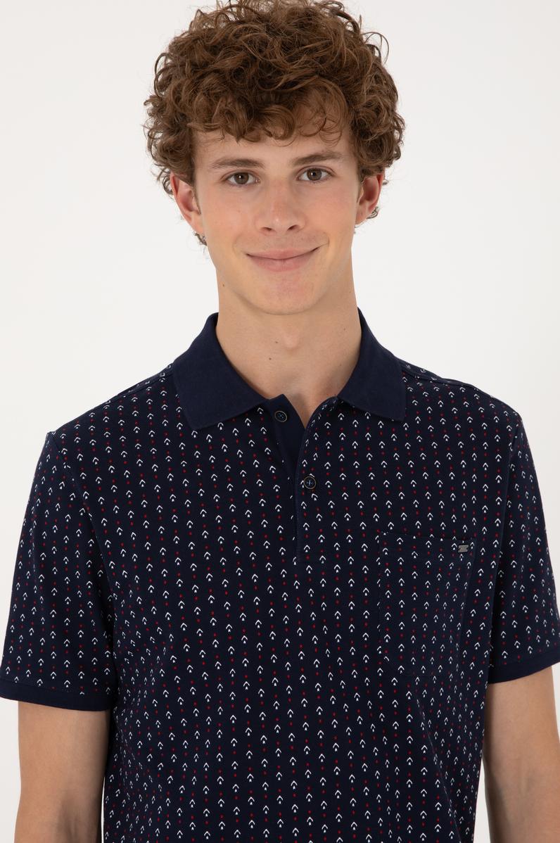 Erkek Regular Fit Polo Yaka Lacivert Desenli Tişört