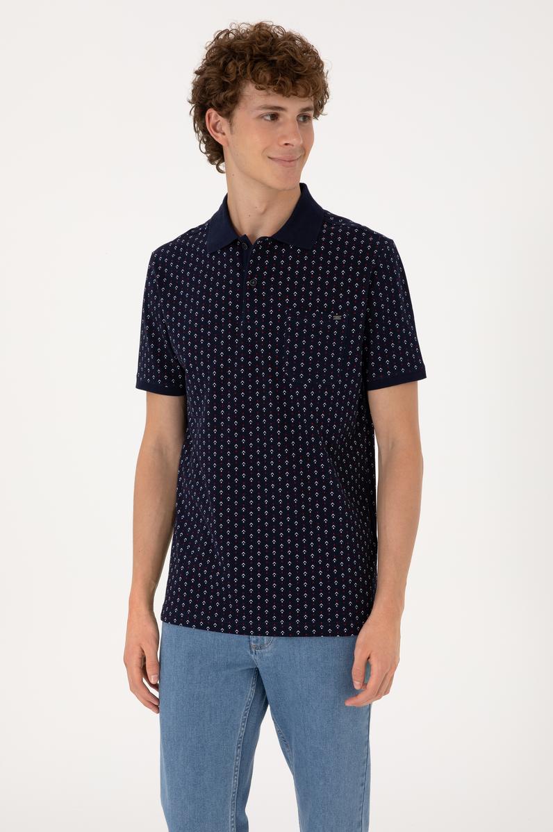 Erkek Regular Fit Polo Yaka Lacivert Desenli Tişört