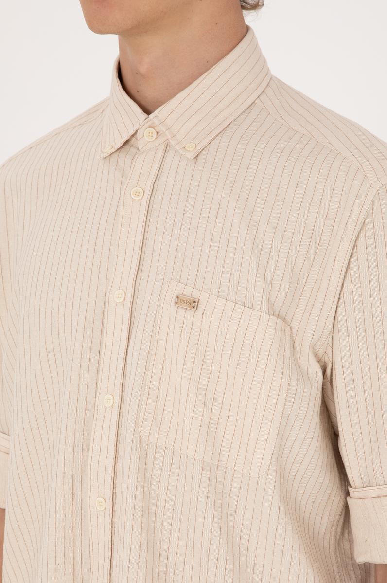 Erkek Krem Comfort Fit Cepli Gömlek