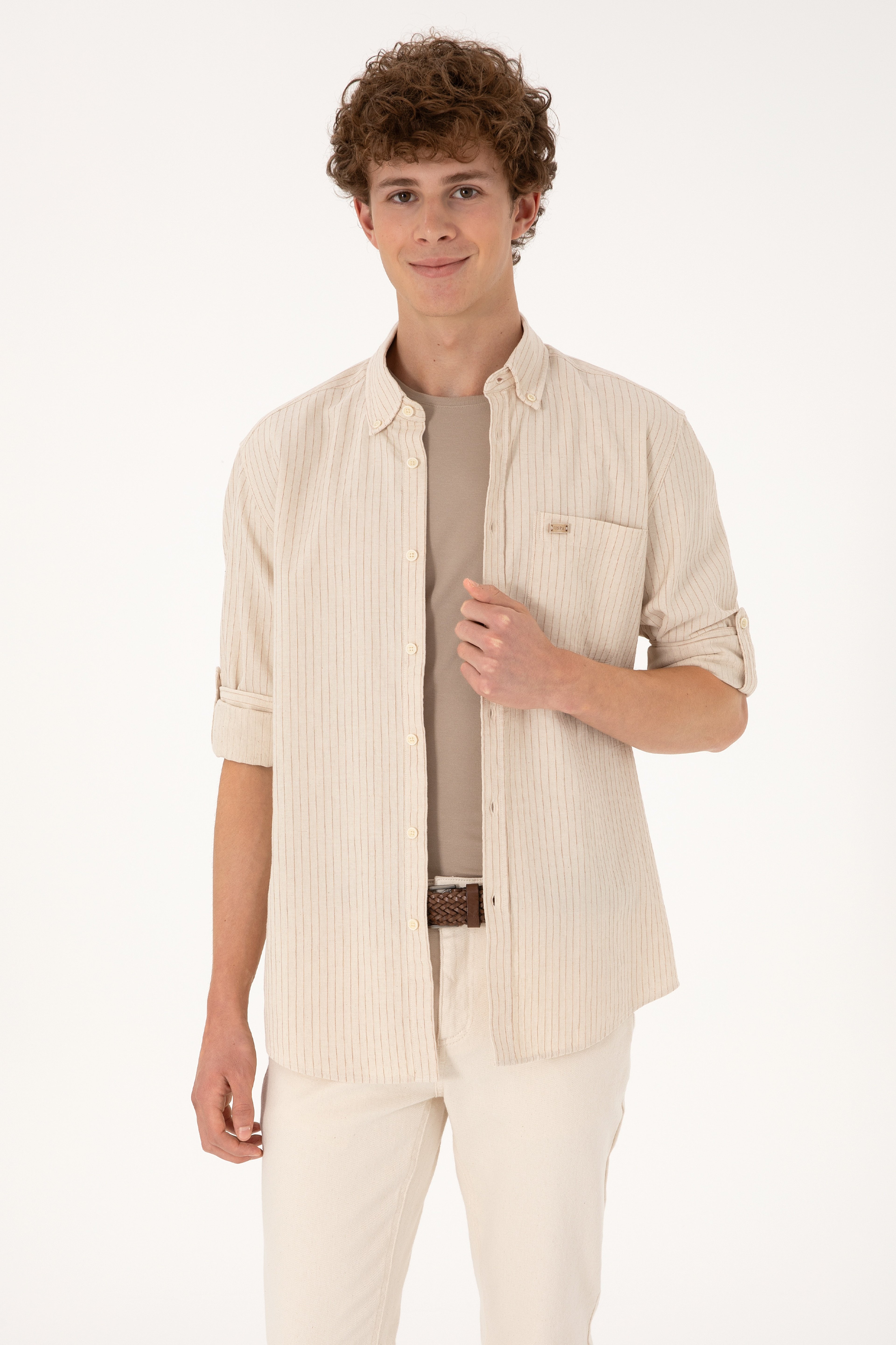Erkek Krem Comfort Fit Cepli Gömlek
