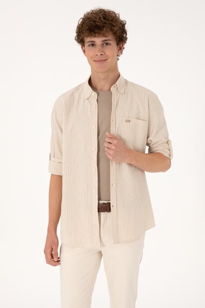 Erkek Krem Comfort Fit Cepli Gömlek