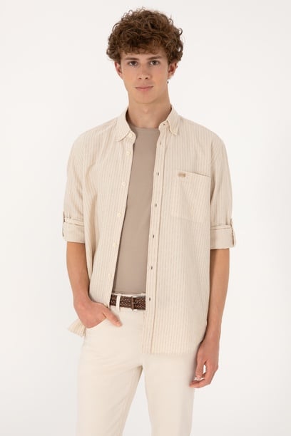 Erkek Krem Comfort Fit Cepli Gömlek