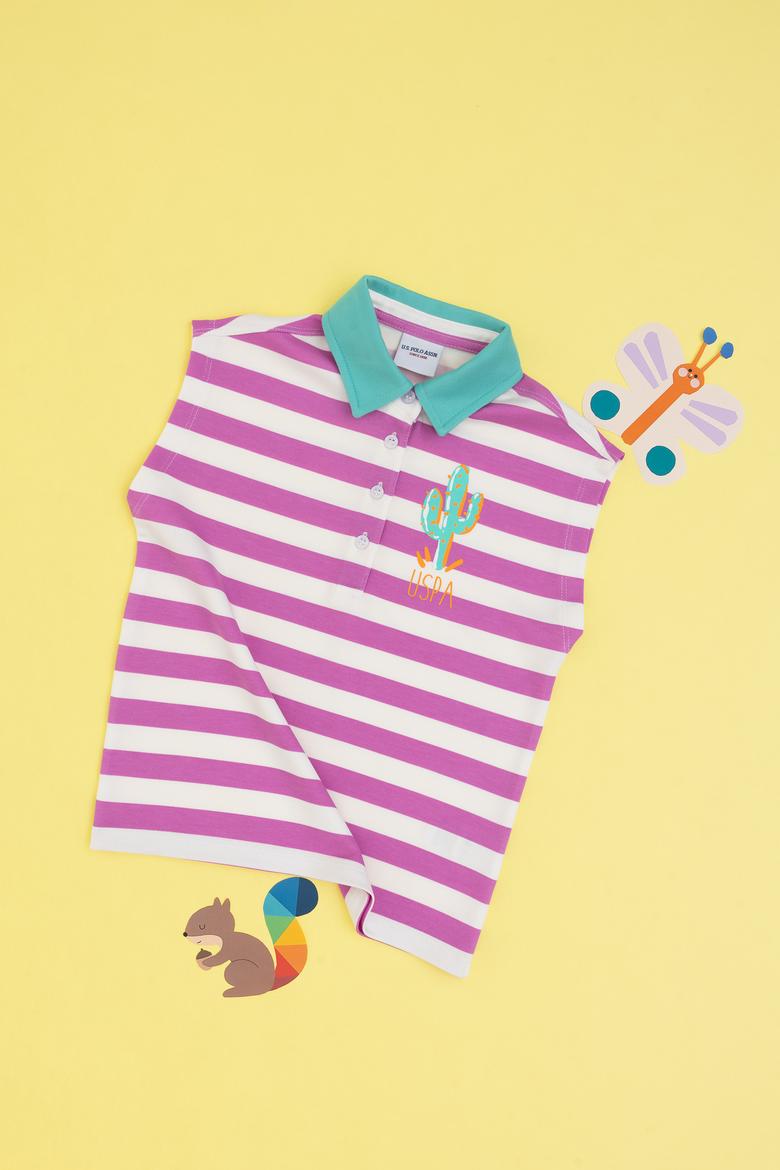 Kız Çocuk Fuşya Polo Yaka Çizgili Kolsuz Tişört - 50306236008