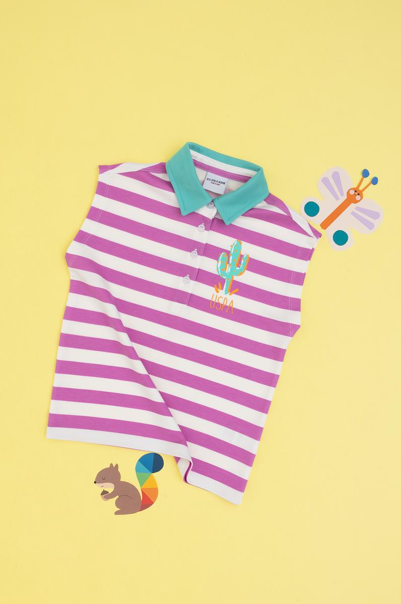 Kız Çocuk Fuşya Polo Yaka Çizgili Kolsuz Tişört