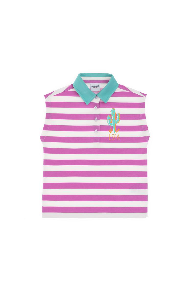 Kız Çocuk Fuşya Polo Yaka Çizgili Kolsuz Tişört - 50306236008