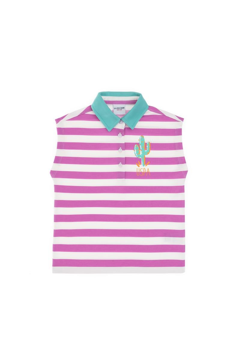 Kız Çocuk Fuşya Polo Yaka Çizgili Kolsuz Tişört