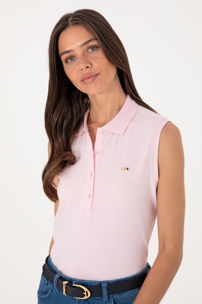 Kadın Açık Pembe Kolsuz Polo Yaka Tişört