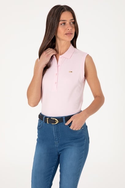 Kadın Açık Pembe Kolsuz Polo Yaka Tişört