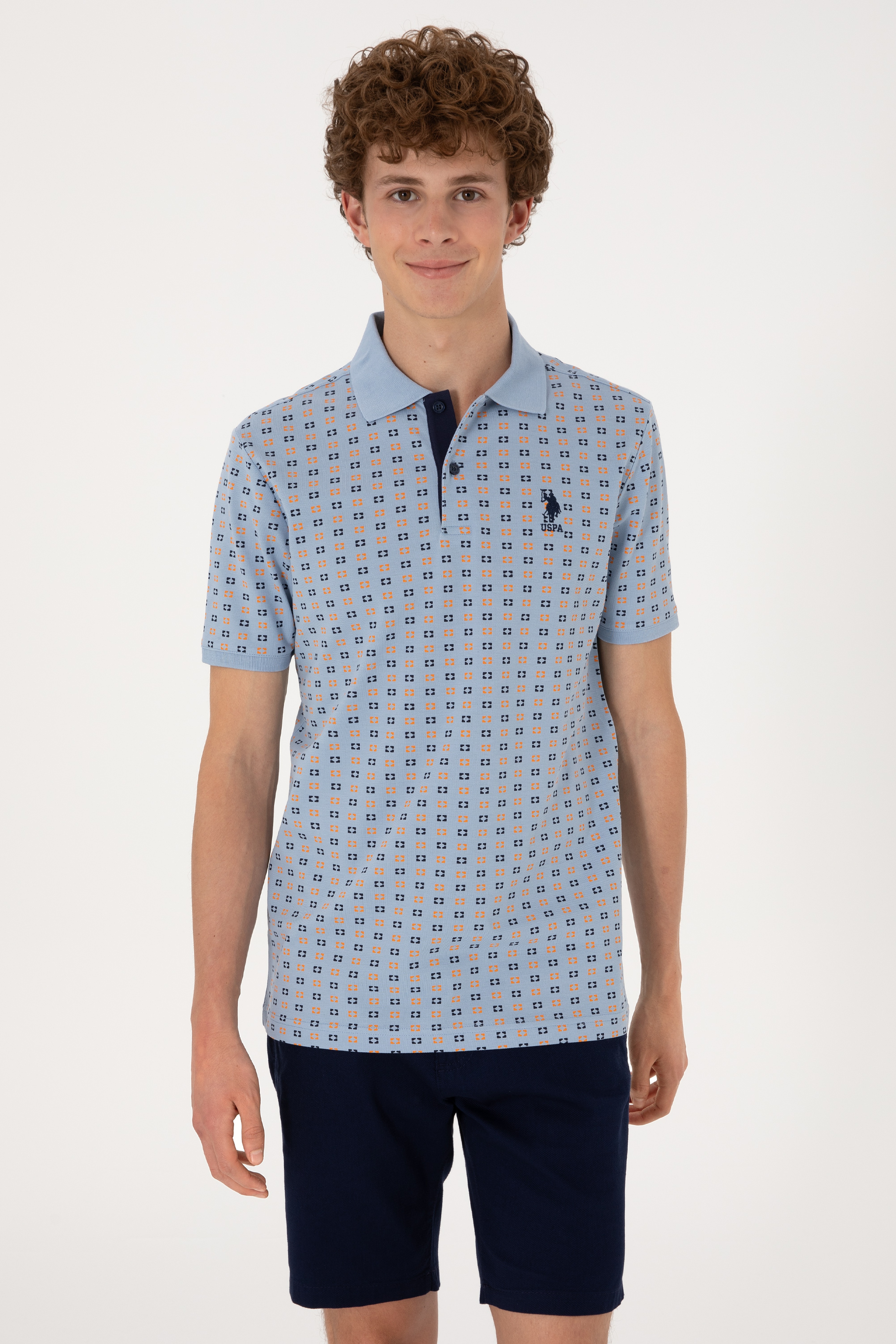 Erkek Regular Fit Açık Mavi Polo Yaka Desenli Tişört - Image 1