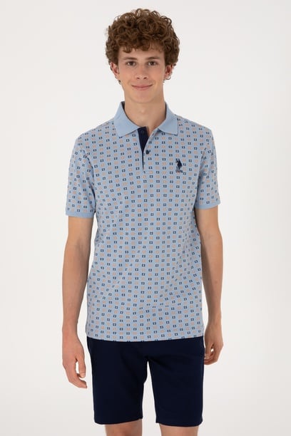Erkek Regular Fit Açık Mavi Polo Yaka Desenli Tişört