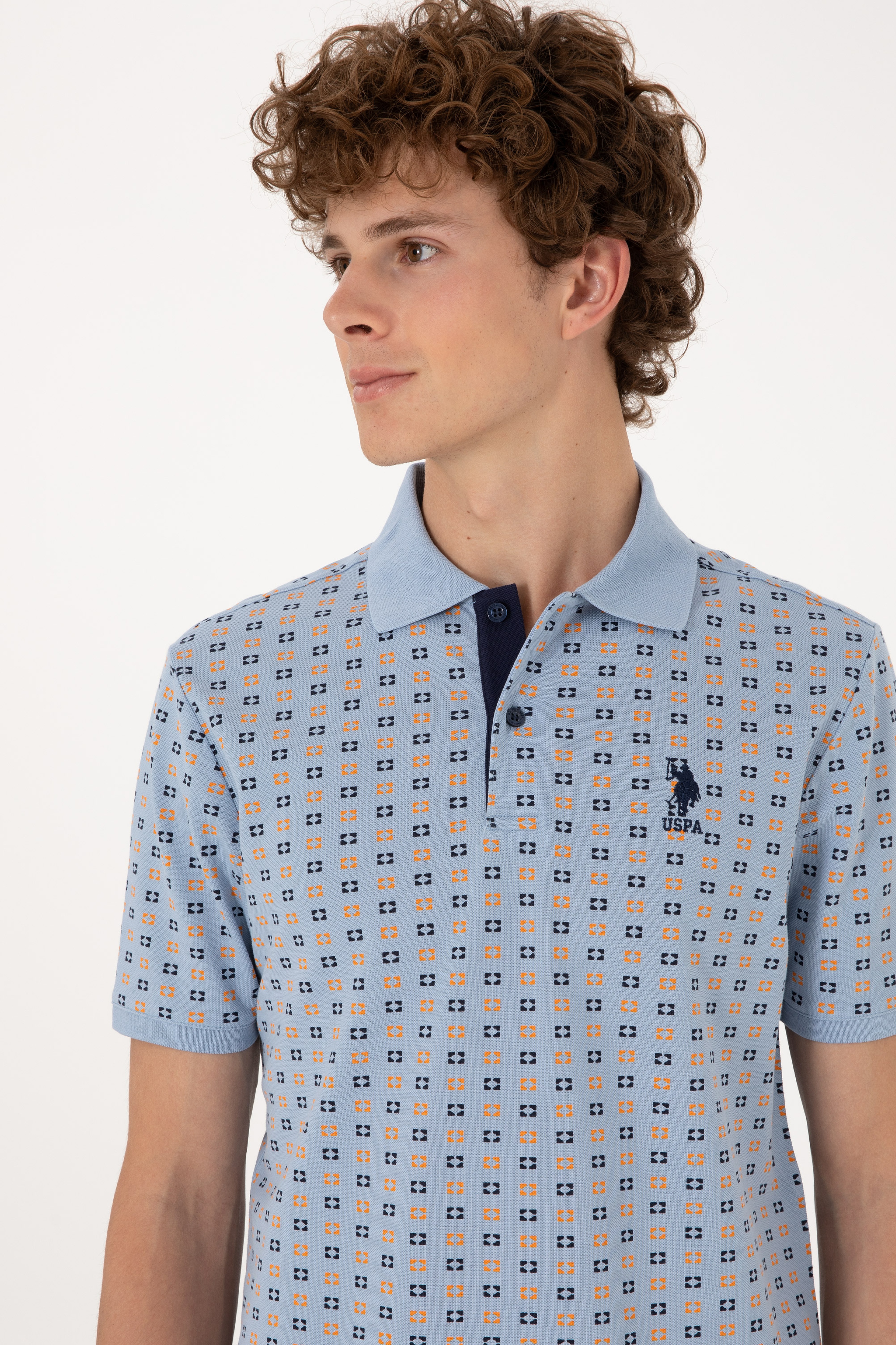 Erkek Regular Fit Açık Mavi Polo Yaka Desenli Tişört - Image 2
