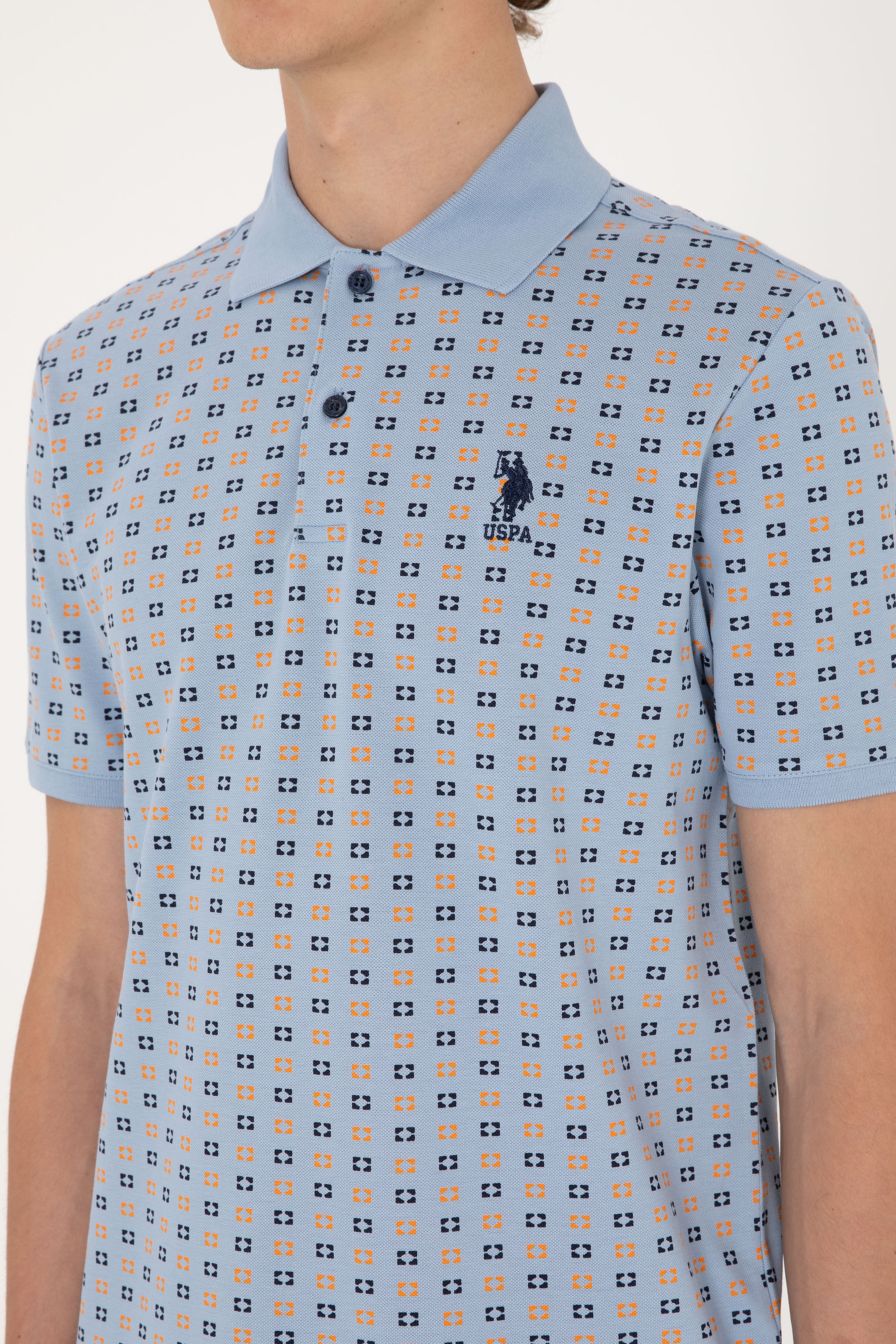 Erkek Regular Fit Açık Mavi Polo Yaka Desenli Tişört