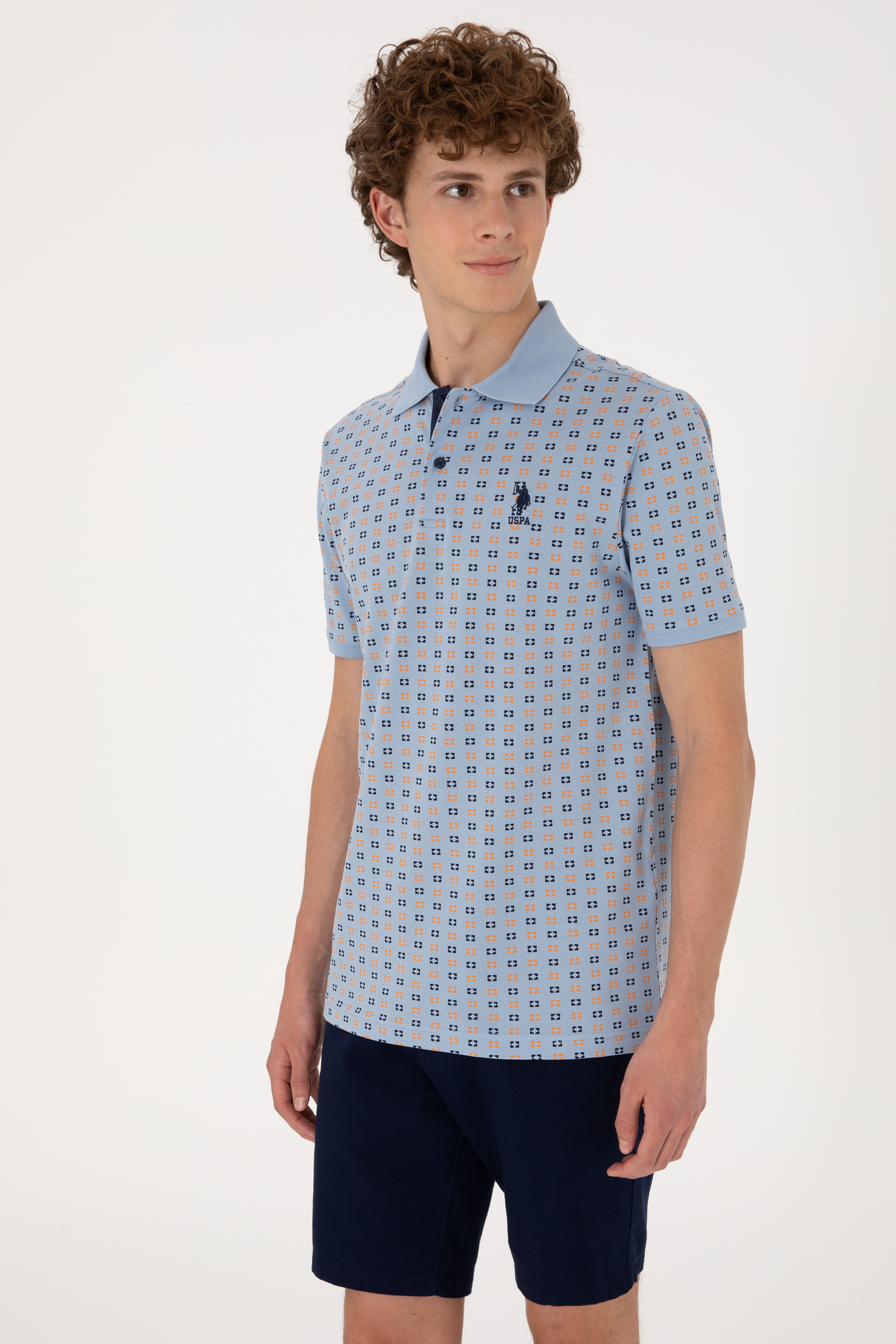 Erkek Regular Fit Açık Mavi Polo Yaka Desenli Tişört