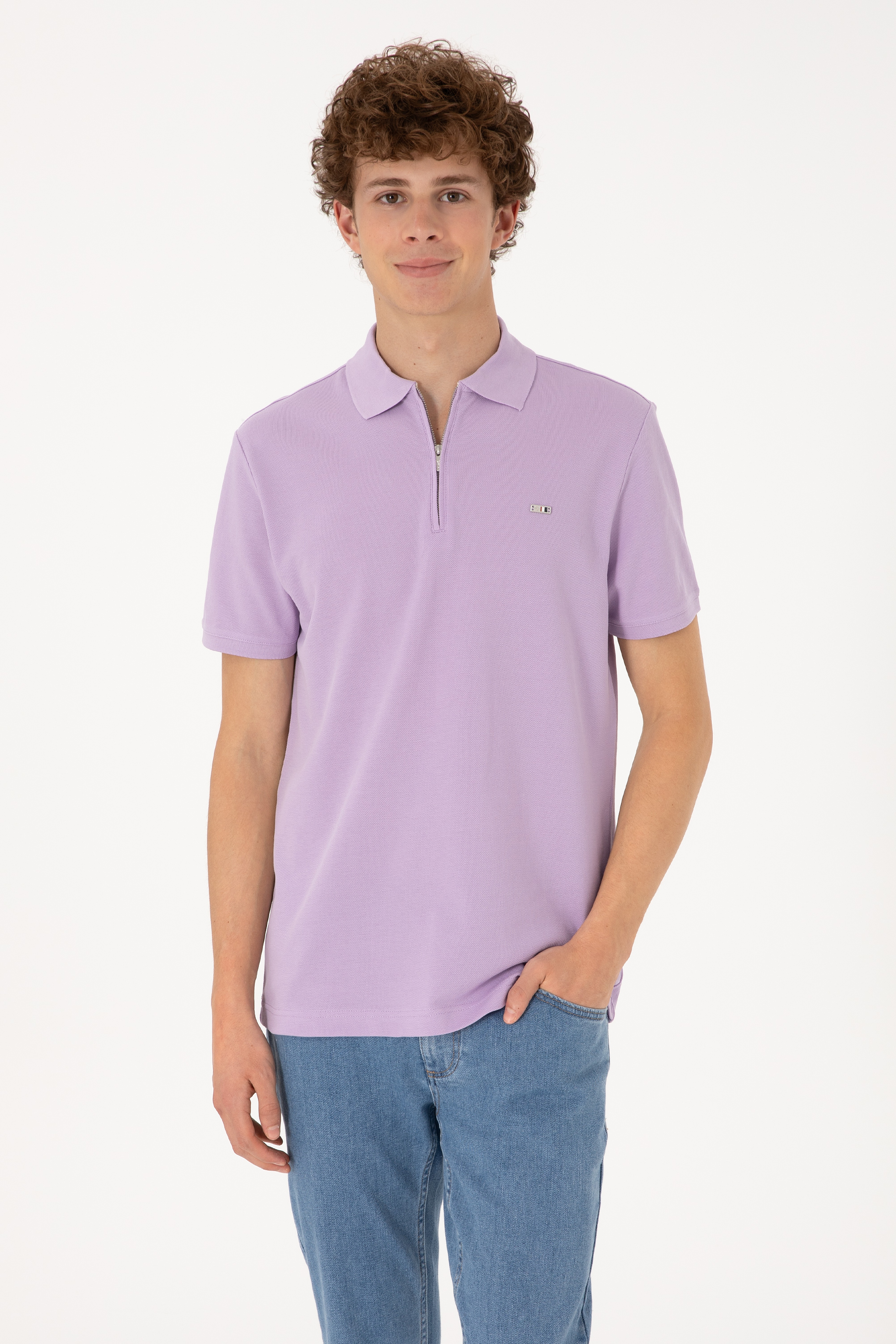 Erkek Regular Fit Fermuarlı Lila Tişört - Image 1