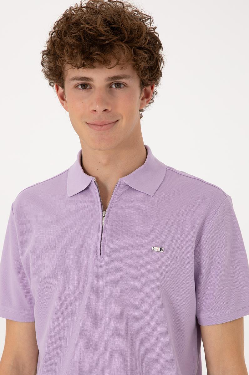 Erkek Regular Fit Fermuarlı Lila Tişört