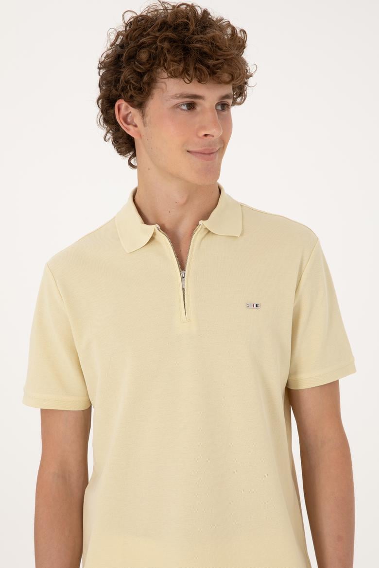 Erkek Regular Fit Fermuarlı Açık Haki Tişört - 50306836021