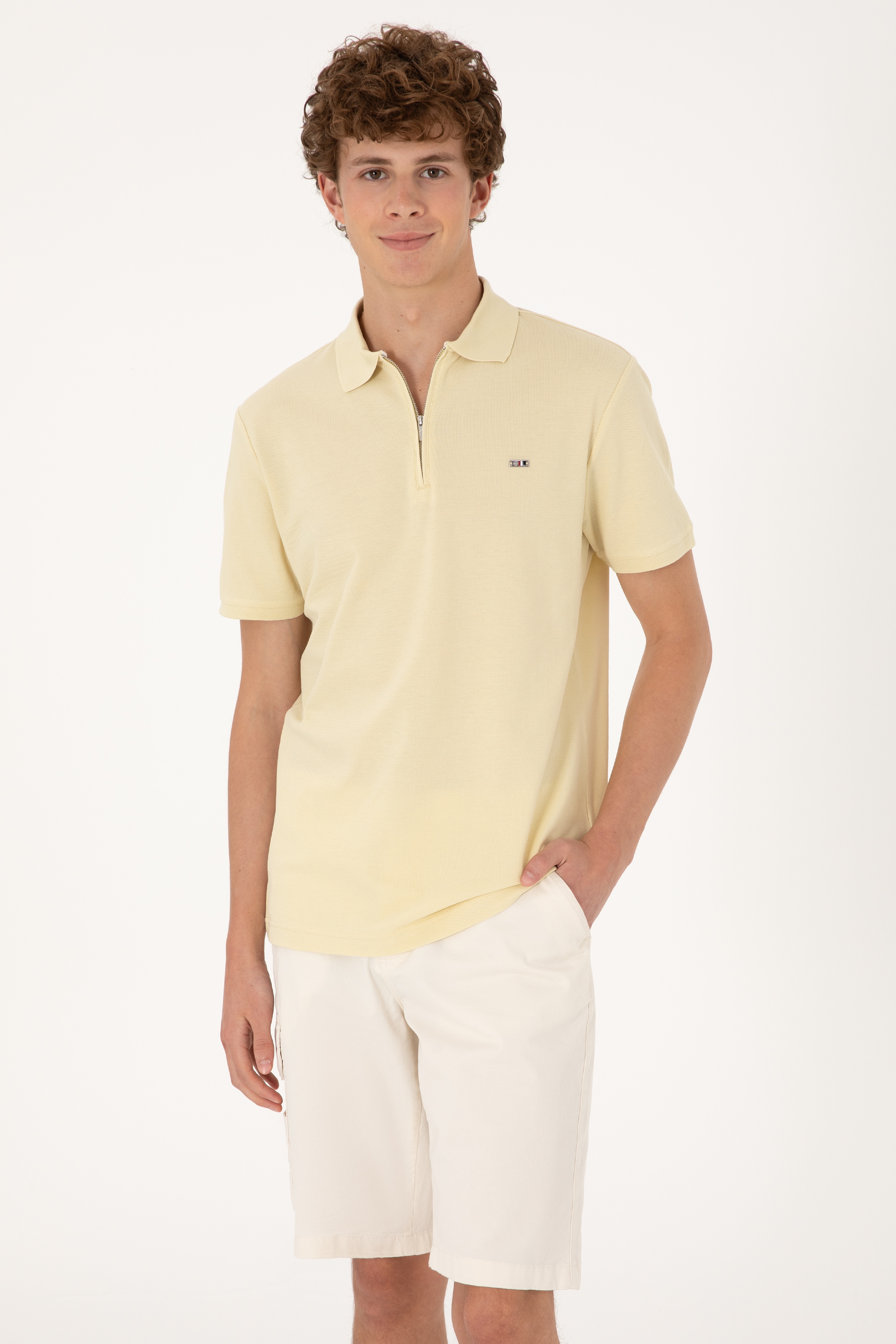 Erkek Regular Fit Fermuarlı Açık Haki Tişört - Image 1