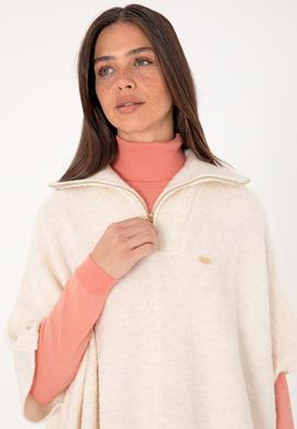 Kadın Krem Fermuarlı Triko Panço - 50293175005