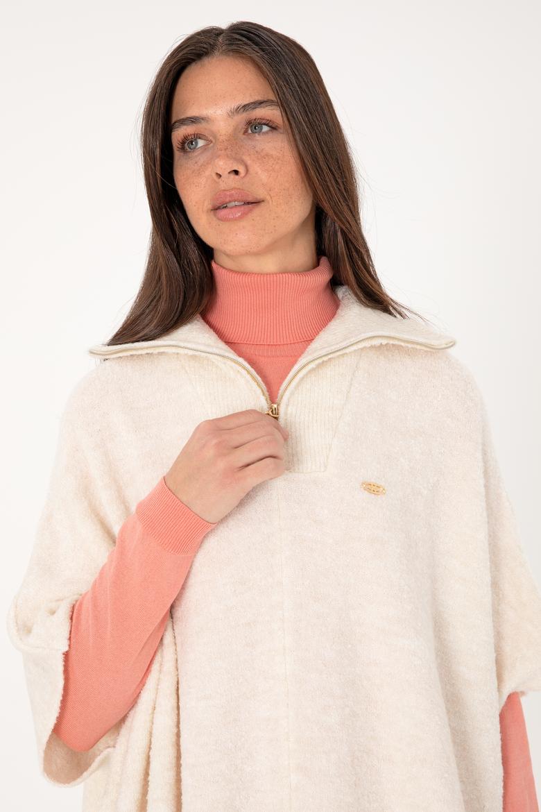 Kadın Krem Fermuarlı Triko Panço - 50293175005