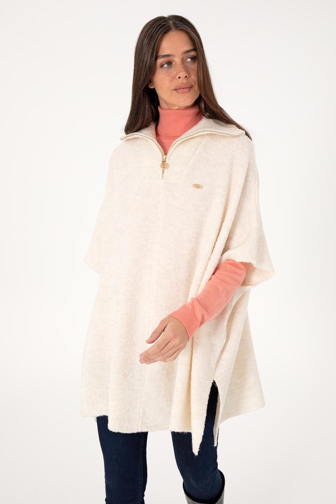 Kadın Krem Fermuarlı Triko Panço