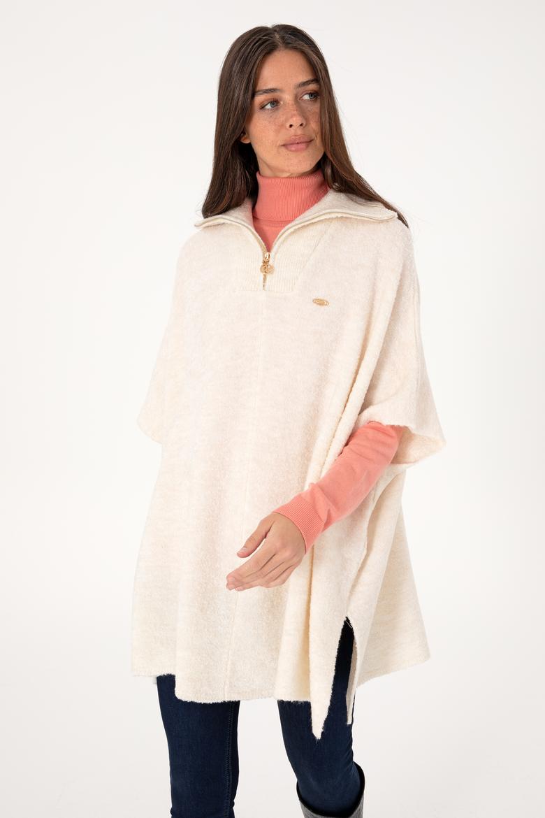 Kadın Krem Fermuarlı Triko Panço