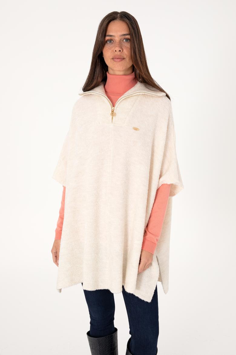 Kadın Krem Fermuarlı Triko Panço - 50293175005