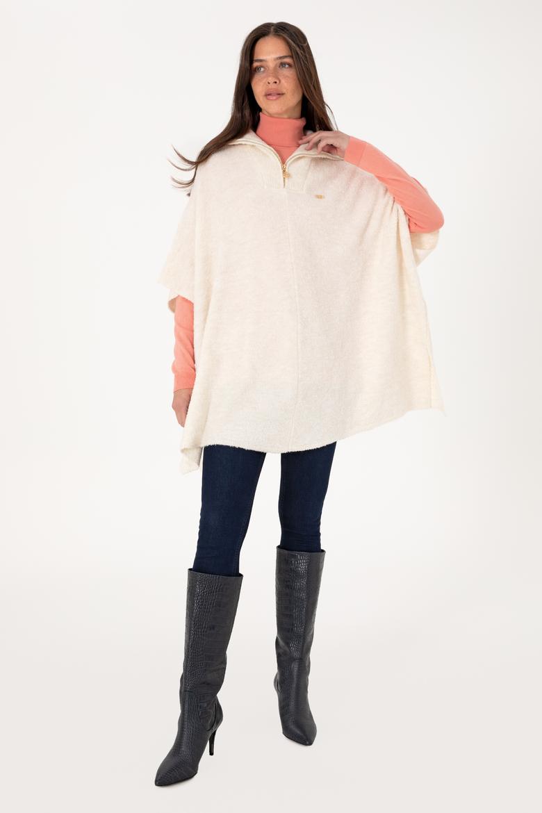 Kadın Krem Fermuarlı Triko Panço - 50293175005