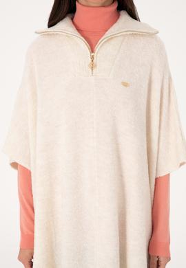 Kadın Krem Fermuarlı Triko Panço - 50293175005