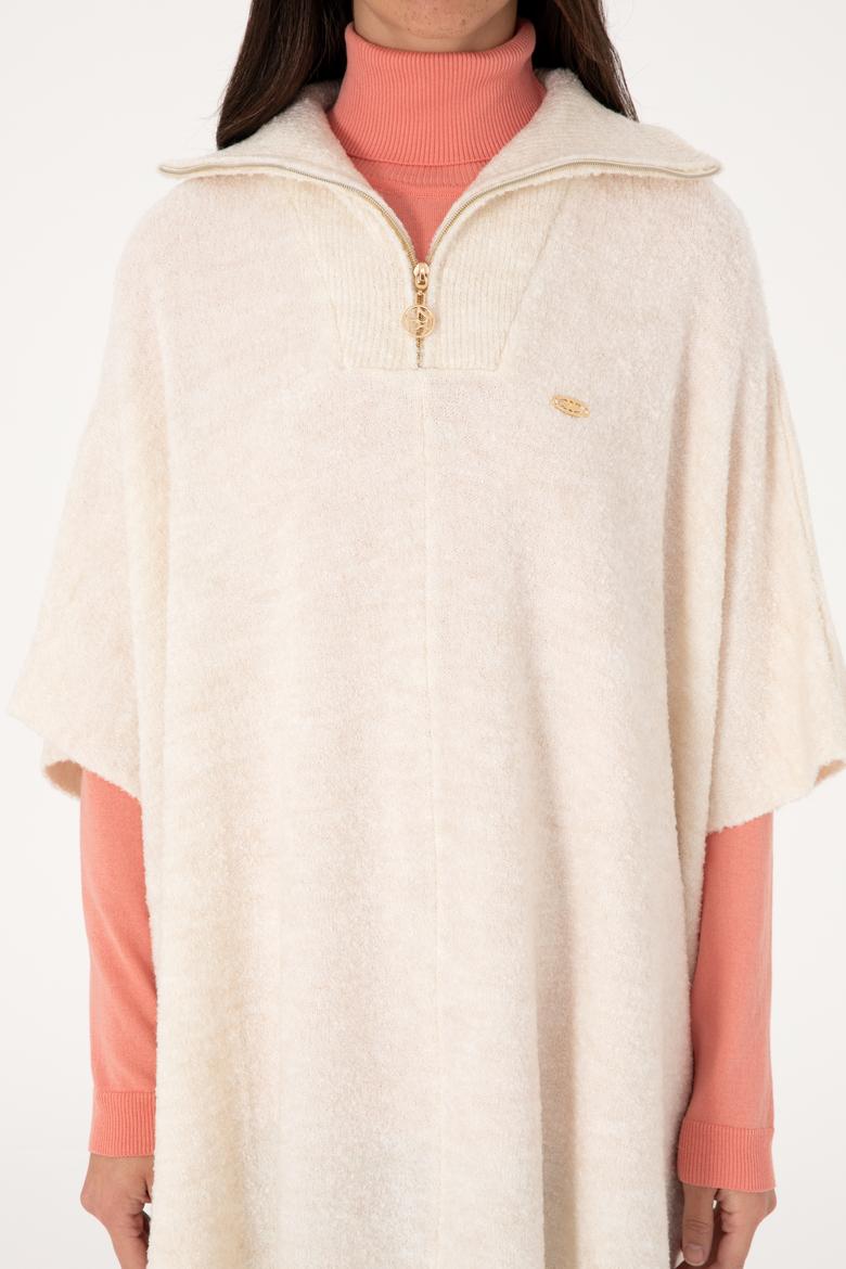 Kadın Krem Fermuarlı Triko Panço - 50293175005