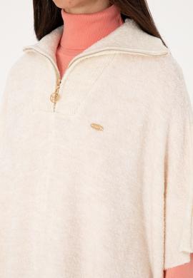 Kadın Krem Fermuarlı Triko Panço - 50293175005