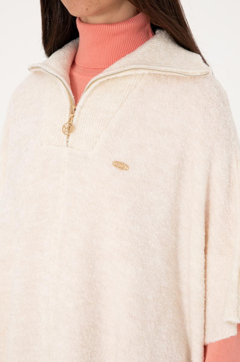 Kadın Krem Fermuarlı Triko Panço