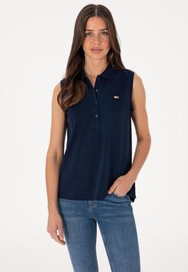 Kadın Lacivert Kolsuz Polo Yaka Tişört - 50306709005