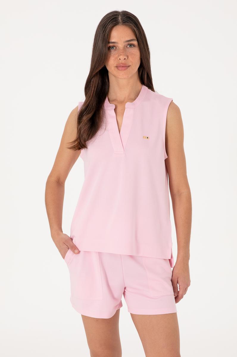 Kadın Açık Pembe Kolsuz V Yaka Tişört