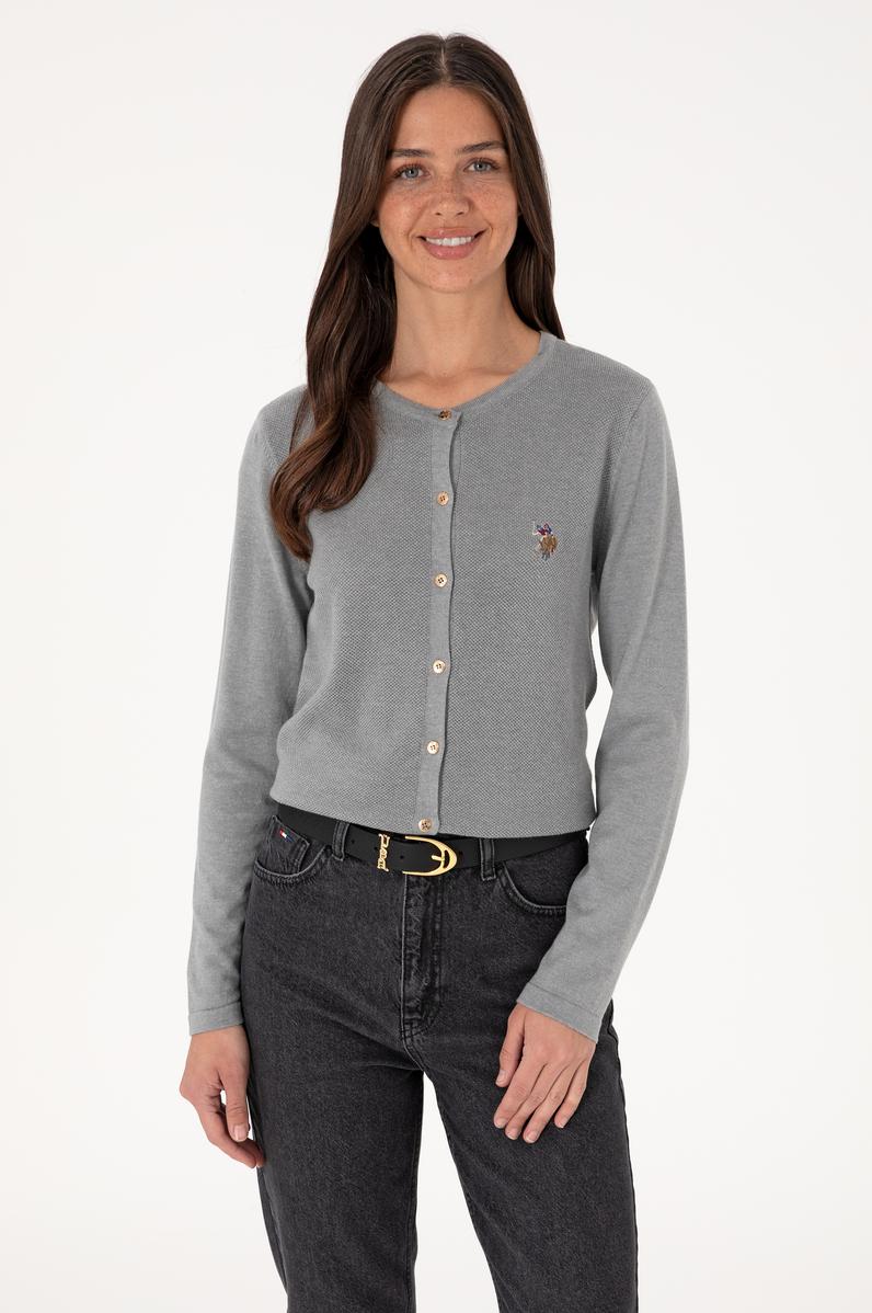 Kadın Gri Melanj Basic Triko Hırka