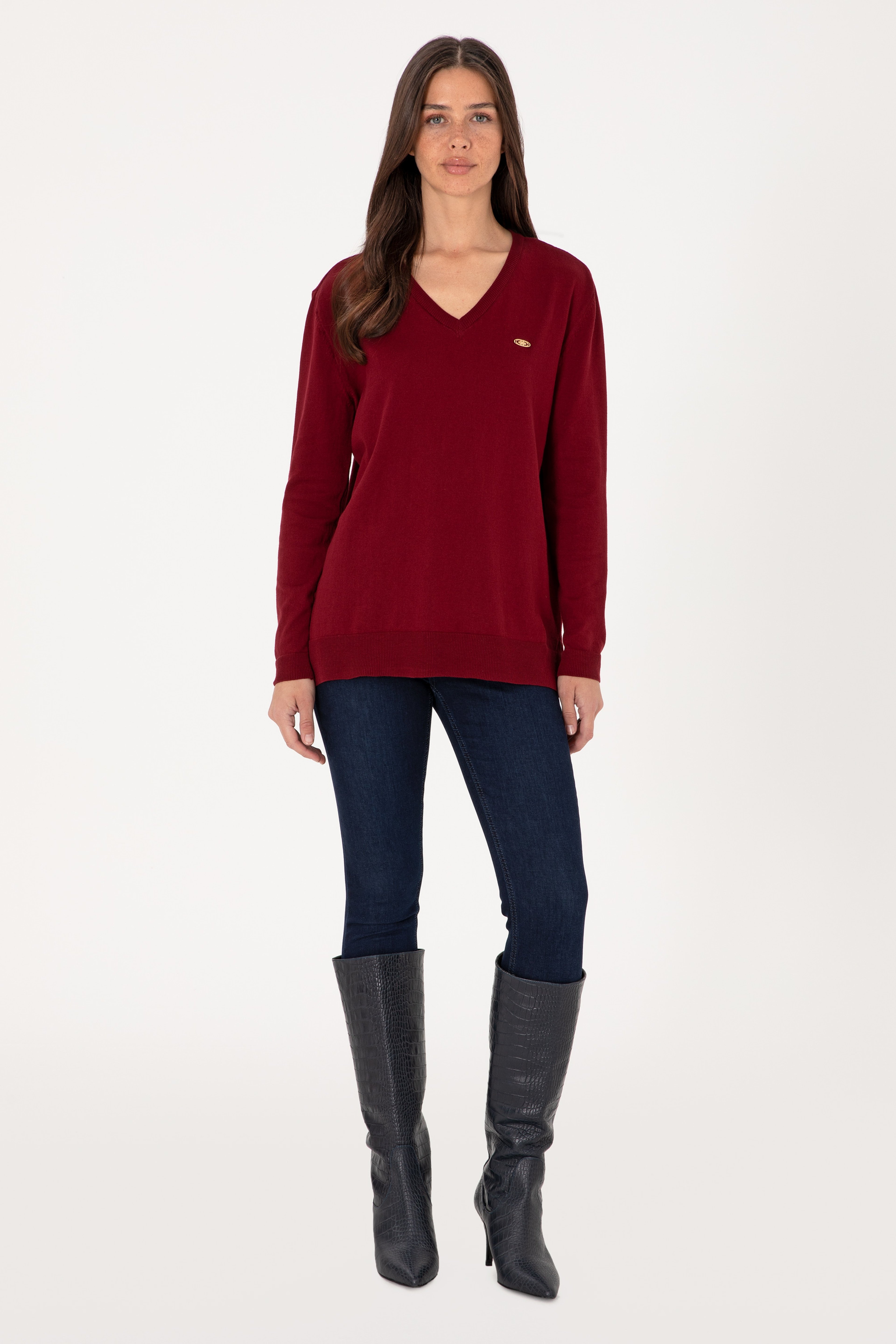 Kadın Bordo Basic Kazak - Image 4