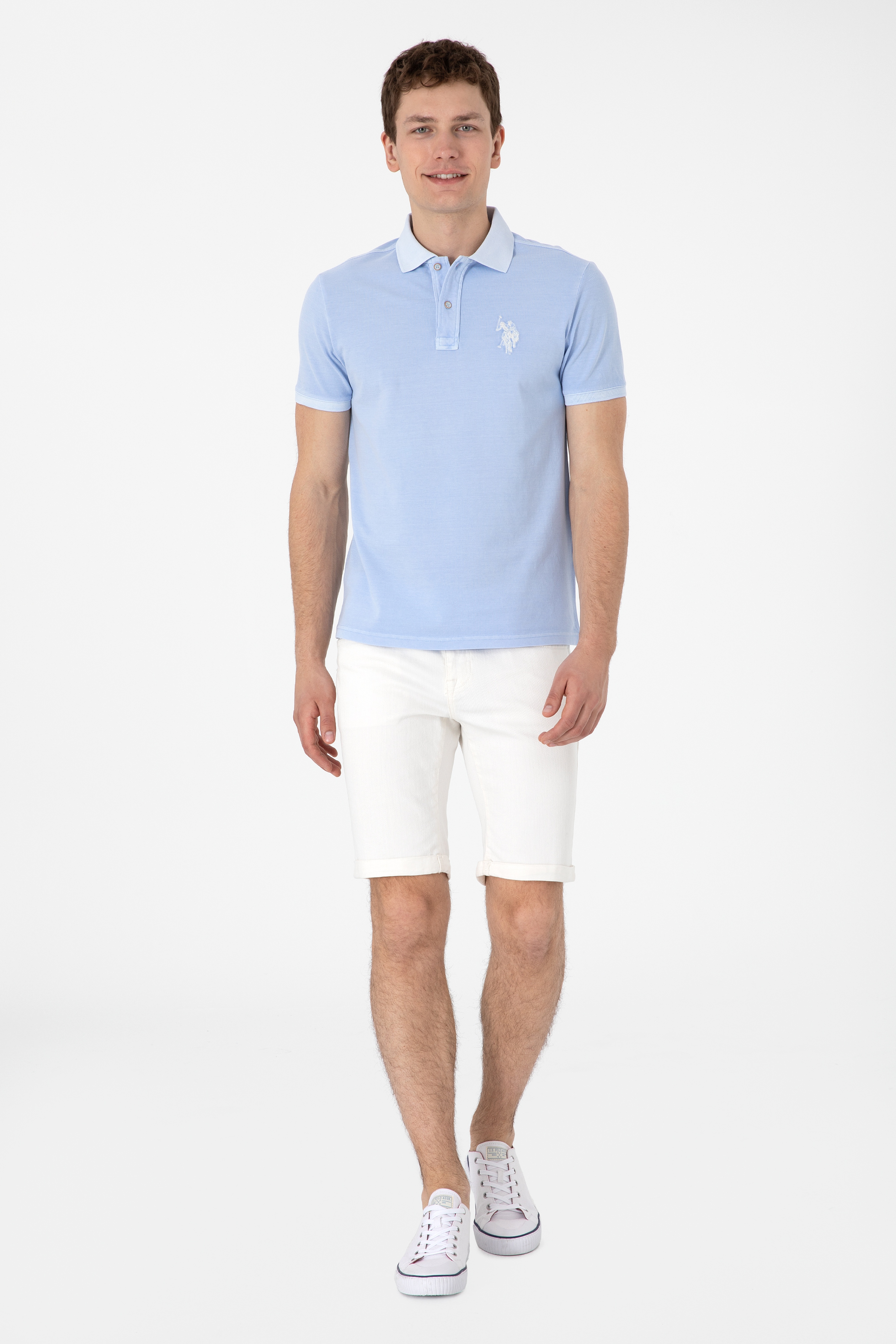 Erkek Slim Fit Polo Yaka Açık Mavi Yıkamalı Basic Tişört