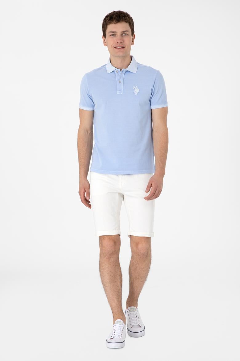 Erkek Slim Fit Polo Yaka Açık Mavi Yıkamalı Basic Tişört - 50305995007