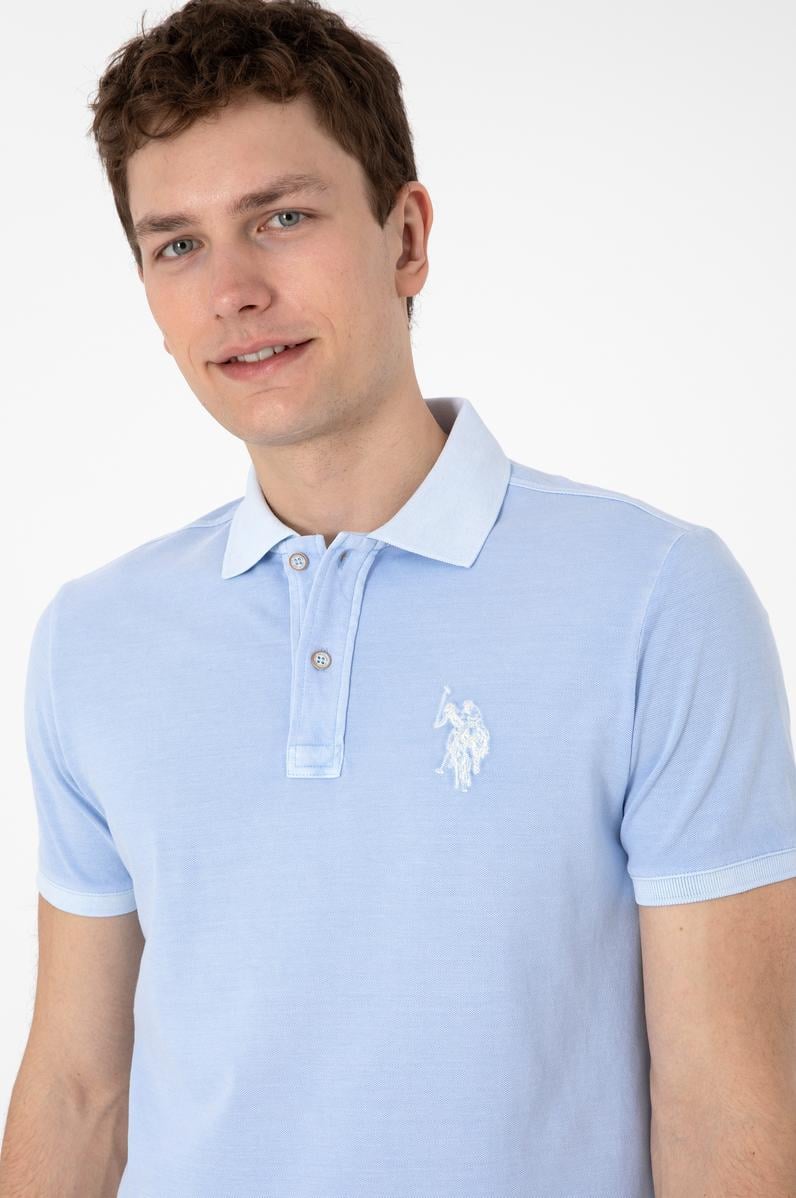 Erkek Slim Fit Polo Yaka Açık Mavi Yıkamalı Basic Tişört