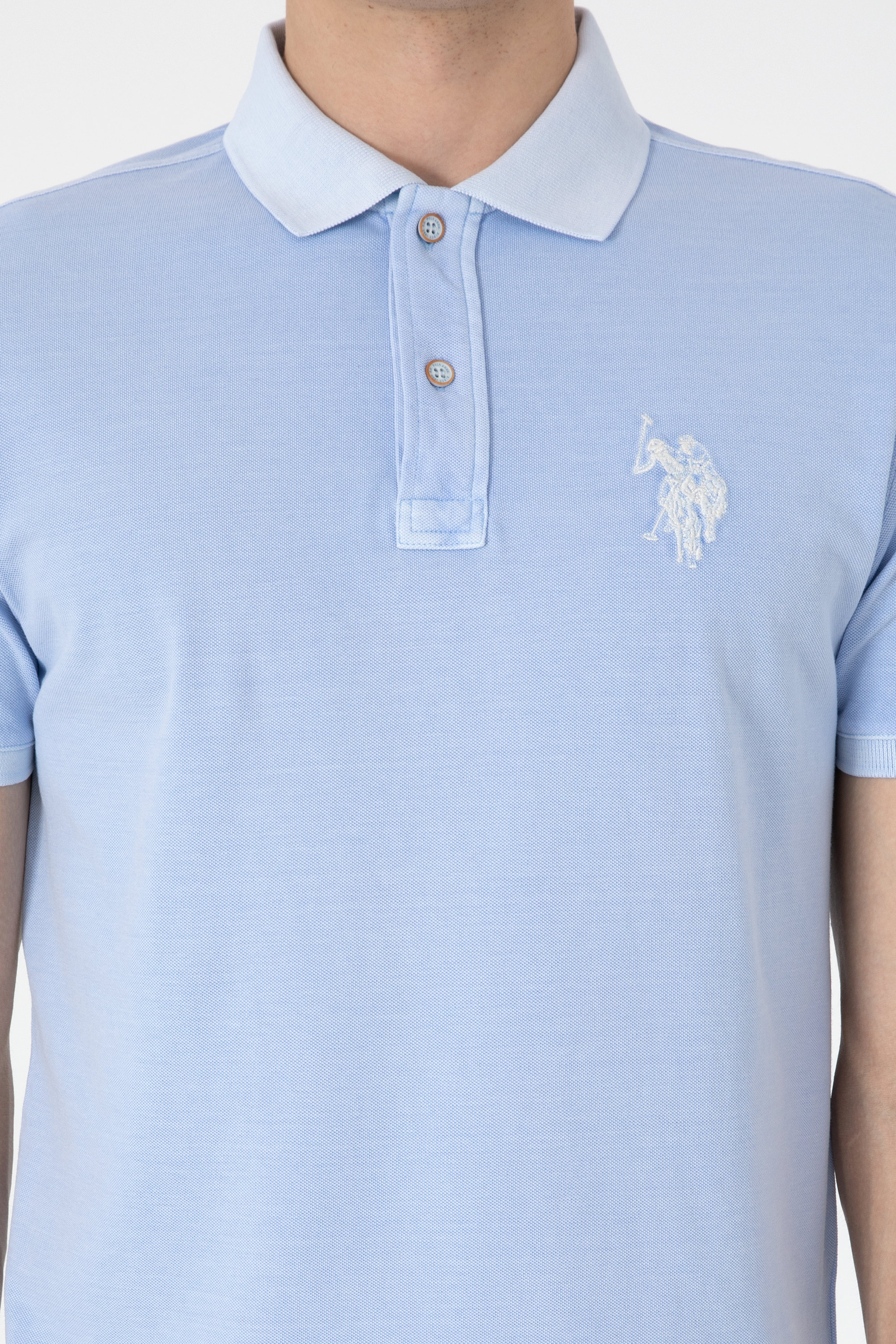Erkek Slim Fit Polo Yaka Açık Mavi Yıkamalı Basic Tişört - Image 6