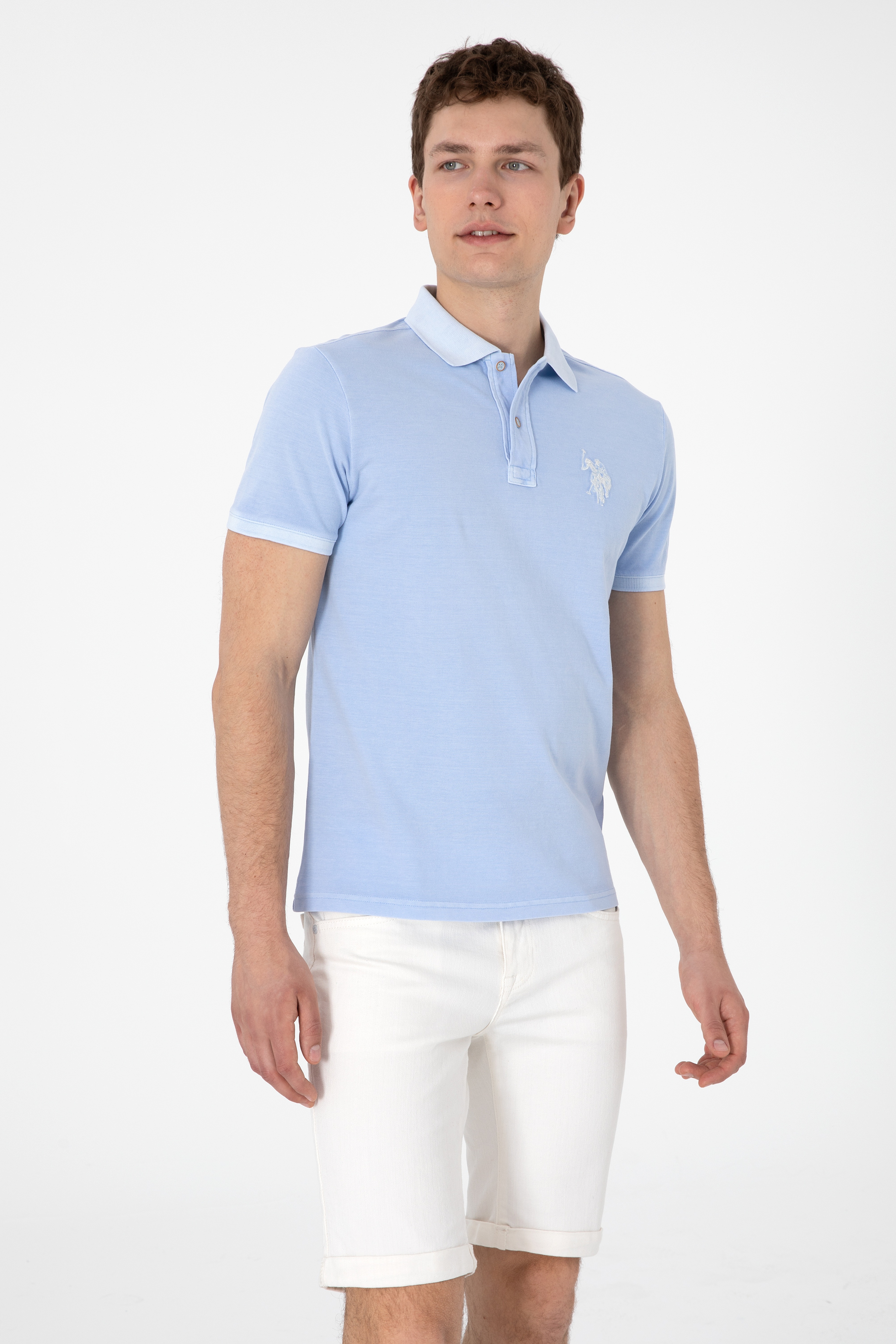 Erkek Slim Fit Polo Yaka Açık Mavi Yıkamalı Basic Tişört - Image 3