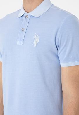 Erkek Slim Fit Polo Yaka Açık Mavi Yıkamalı Basic Tişört - 50305995007