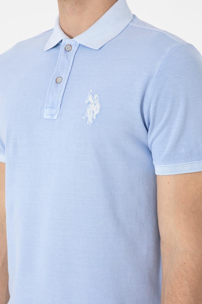 Erkek Slim Fit Polo Yaka Açık Mavi Yıkamalı Basic Tişört