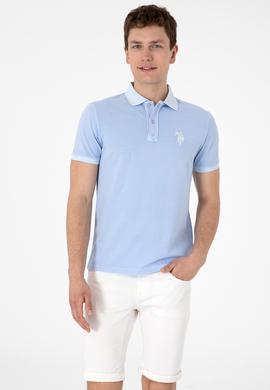 Erkek Slim Fit Polo Yaka Açık Mavi Yıkamalı Basic Tişört - 50305995007