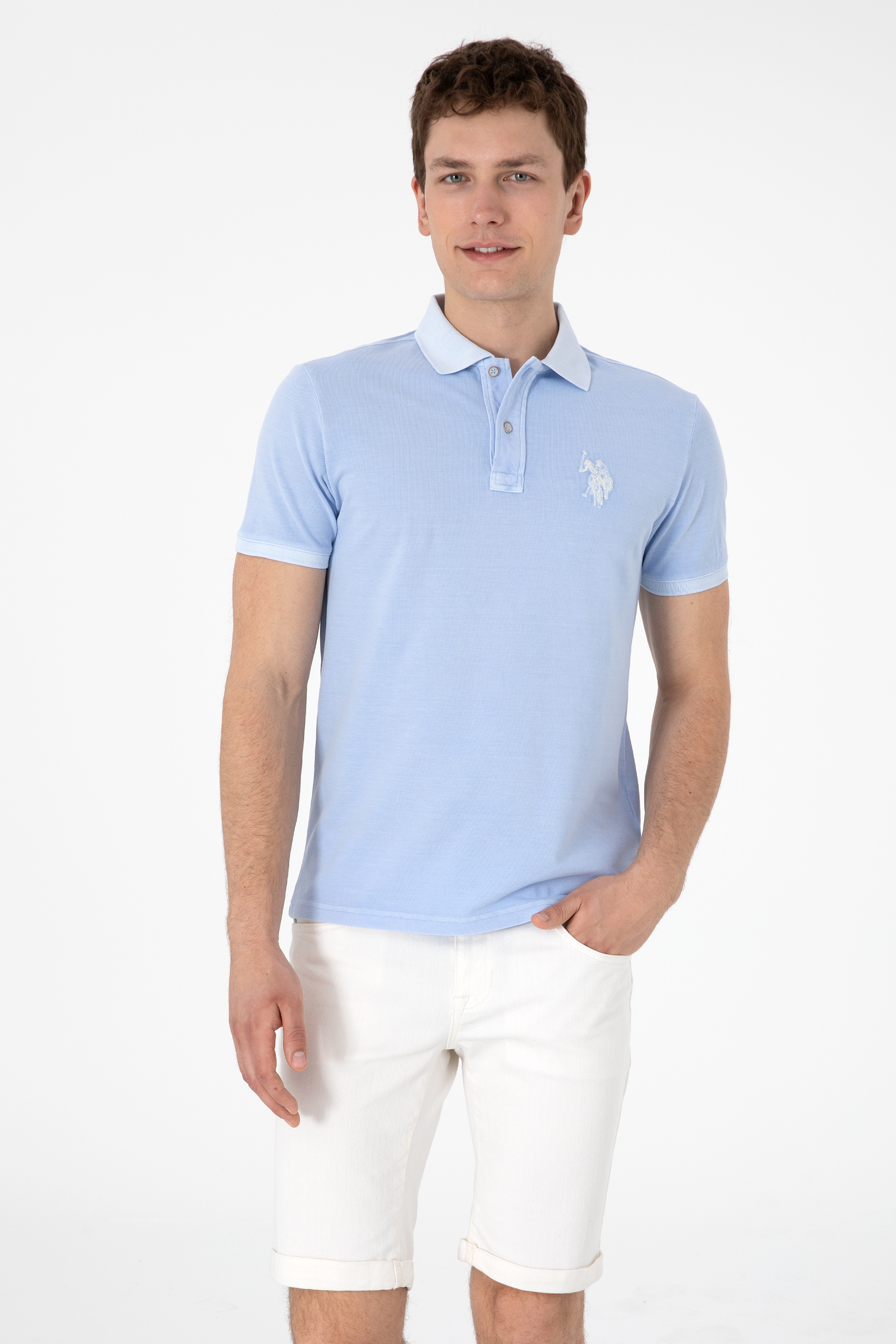 Erkek Slim Fit Polo Yaka Açık Mavi Yıkamalı Basic Tişört - Image 1