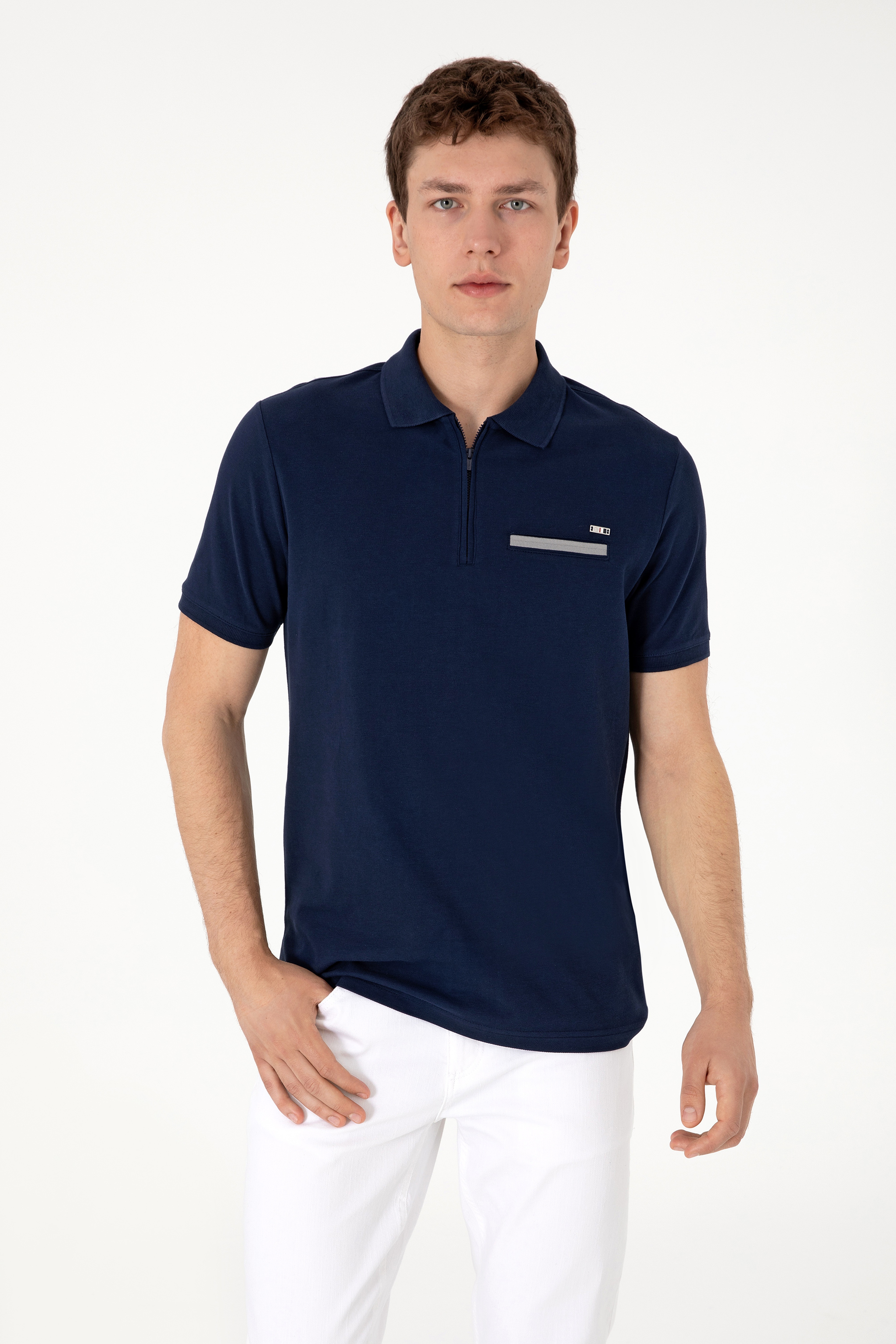 Erkek Regular Fit Fermuarlı Lacivert Tişört - Image 1
