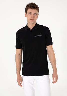 Erkek Regular Fit Fermuarlı Siyah Tişört - 50306788034