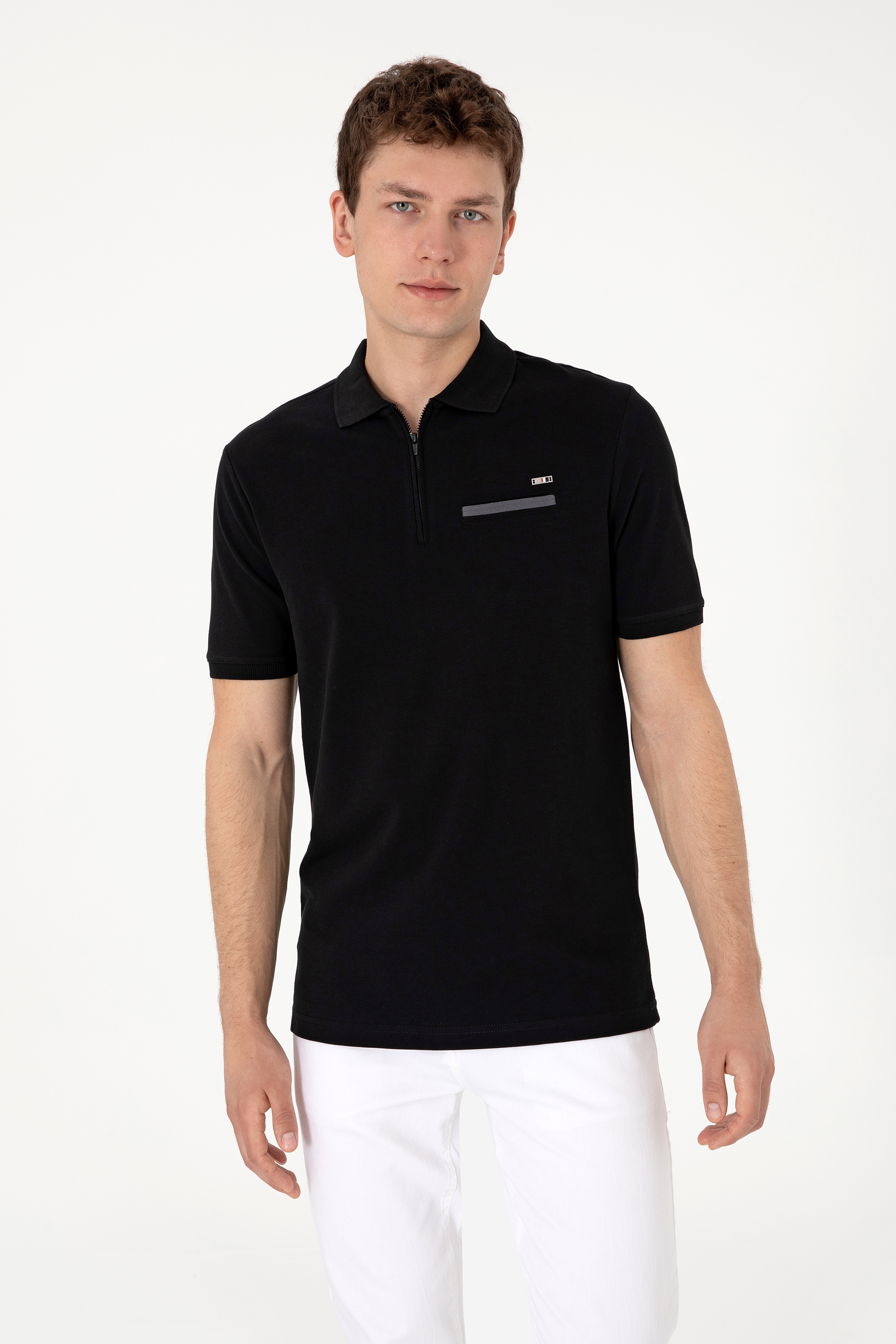 Erkek Regular Fit Fermuarlı Siyah Tişört - Image 1