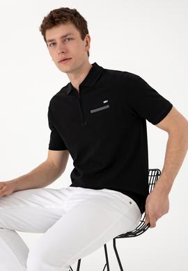 Erkek Regular Fit Fermuarlı Siyah Tişört - 50306788034