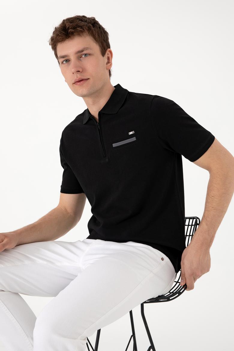 Erkek Regular Fit Fermuarlı Siyah Tişört - 50306788034