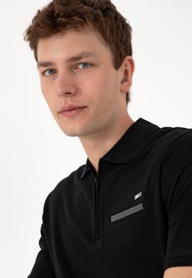 Erkek Regular Fit Fermuarlı Siyah Tişört - 50306788034